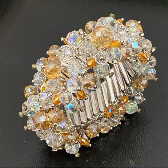 Vintage Citrine/Clear Crystal Beads Expandable Bracelet - Picture 6 of 12